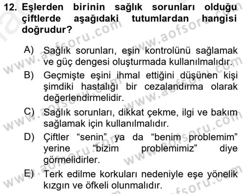Aile Psikolojisi ve Eğitimi Dersi 2018 - 2019 Yılı (Final) Dönem Sonu Sınav Soruları 12. Soru