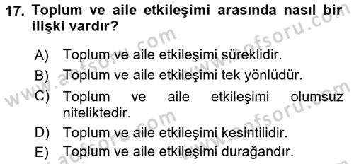 Aile Psikolojisi ve Eğitimi Dersi 2018 - 2019 Yılı (Final) Dönem Sonu Sınav Soruları 17. Soru