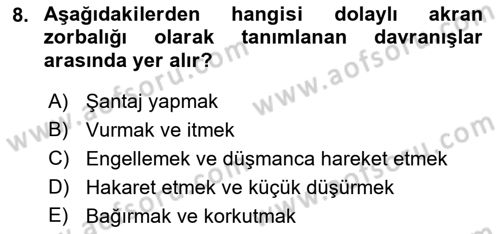 Aile Psikolojisi ve Eğitimi Dersi 2018 - 2019 Yılı Yaz Okulu Sınav Soruları 8. Soru
