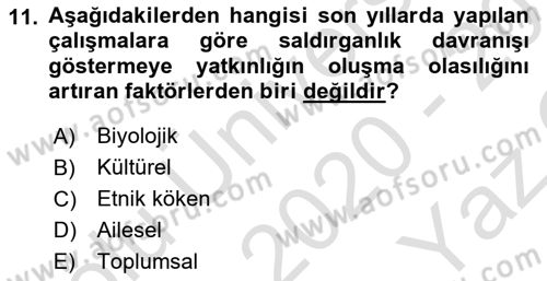 Aile Psikolojisi ve Eğitimi Dersi 2020 - 2021 Yılı Yaz Okulu Sınav Soruları 11. Soru