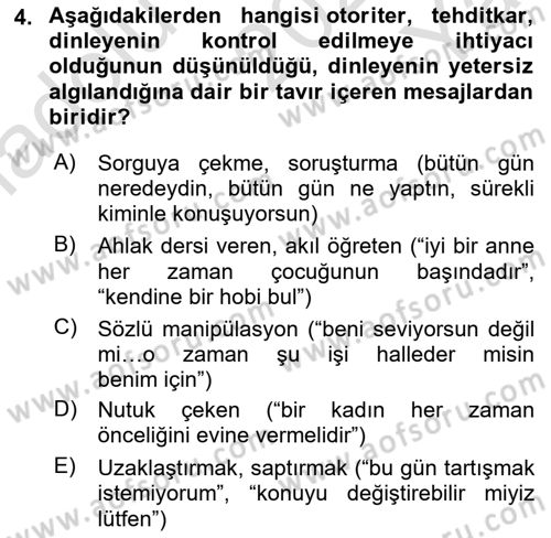 Aile Psikolojisi ve Eğitimi Dersi 2021 - 2022 Yılı Yaz Okulu Sınav Soruları 4. Soru