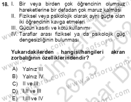 Aile Psikolojisi ve Eğitimi Dersi 2023 - 2024 Yılı (Vize) Ara Sınav Soruları 18. Soru
