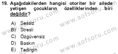 Aile Psikolojisi ve Eğitimi Dersi 2023 - 2024 Yılı (Vize) Ara Sınav Soruları 19. Soru