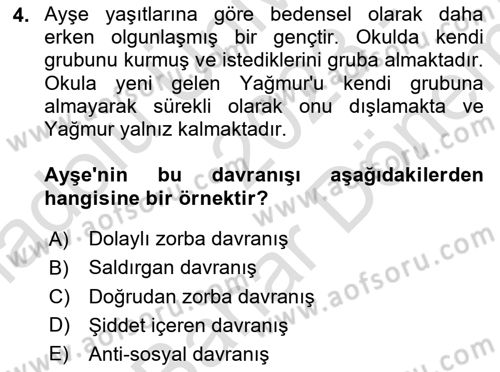 Aile Psikolojisi ve Eğitimi Dersi 2023 - 2024 Yılı (Final) Dönem Sonu Sınav Soruları 4. Soru
