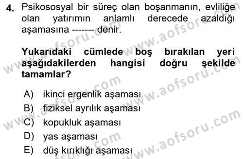 Aile Psikolojisi ve Eğitimi Dersi 2023 - 2024 Yılı Yaz Okulu Sınav Soruları 4. Soru