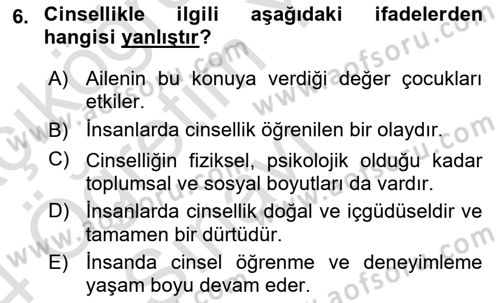 Aile Psikolojisi ve Eğitimi Dersi 2023 - 2024 Yılı Yaz Okulu Sınav Soruları 6. Soru