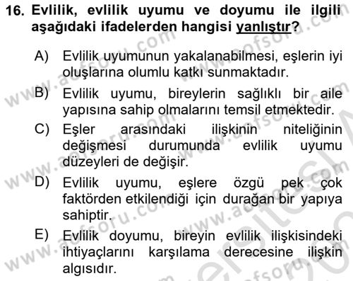 Aile Psikolojisi ve Eğitimi Dersi 2024 - 2025 Yılı (Vize) Ara Sınav Soruları 16. Soru