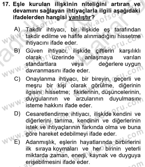 Aile Psikolojisi ve Eğitimi Dersi 2024 - 2025 Yılı (Vize) Ara Sınav Soruları 17. Soru