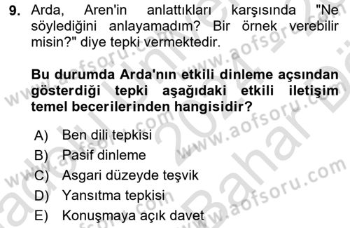 Aile Psikolojisi ve Eğitimi Dersi 2024 - 2025 Yılı (Vize) Ara Sınav Soruları 9. Soru
