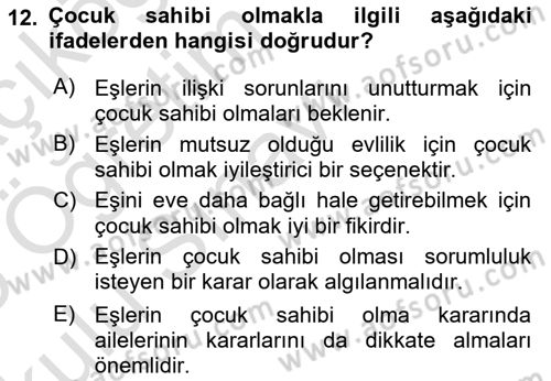 Aile Psikolojisi ve Eğitimi Dersi 2024 - 2025 Yılı Yaz Okulu Sınav Soruları 12. Soru