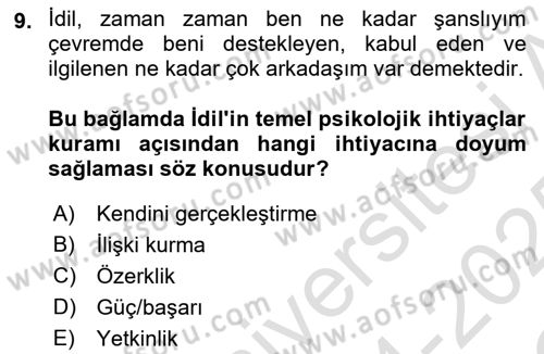 Aile Psikolojisi ve Eğitimi Dersi 2024 - 2025 Yılı Yaz Okulu Sınav Soruları 9. Soru