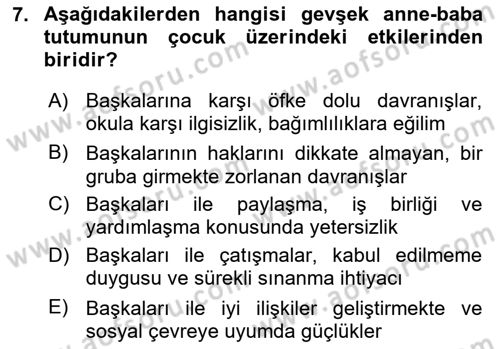 Aile Psikolojisi ve Eğitimi Dersi 2025 - 2026 Yılı (Final) Dönem Sonu Sınav Soruları 7. Soru