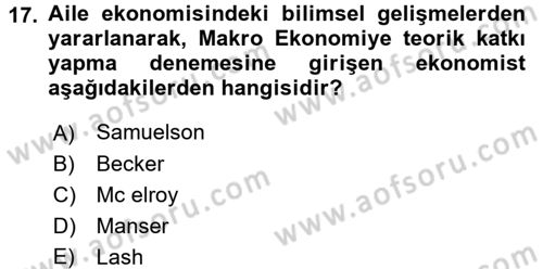 Aile Ekonomisi Dersi 2017 - 2018 Yılı (Vize) Ara Sınav Soruları 17. Soru