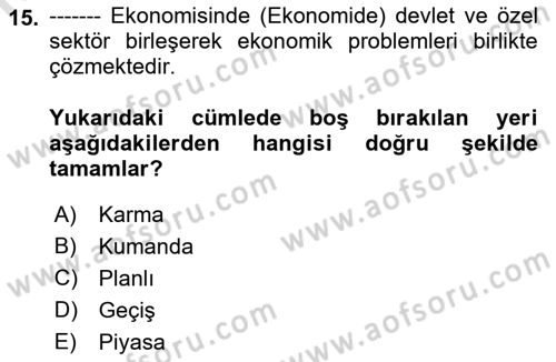 Aile Ekonomisi Dersi 2019 - 2020 Yılı (Vize) Ara Sınav Soruları 15. Soru