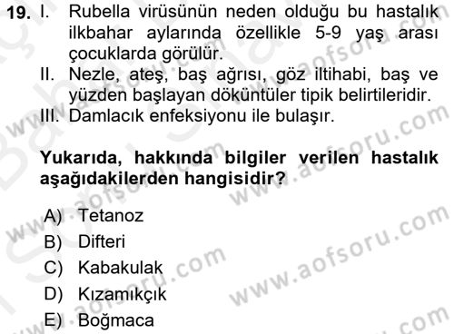 Aile Sağlığı Dersi 2017 - 2018 Yılı (Final) Dönem Sonu Sınav Soruları 19. Soru