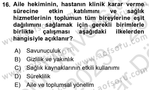 Aile Sağlığı Dersi 2023 - 2024 Yılı (Vize) Ara Sınav Soruları 16. Soru