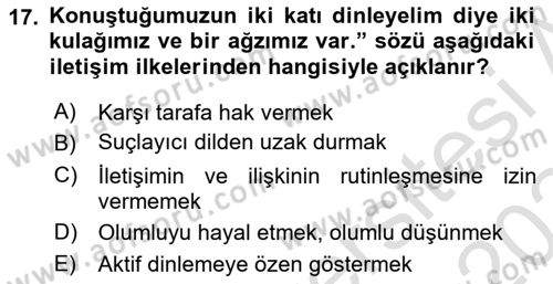 Aile Sağlığı Dersi 2023 - 2024 Yılı Yaz Okulu Sınavı 17. Soru