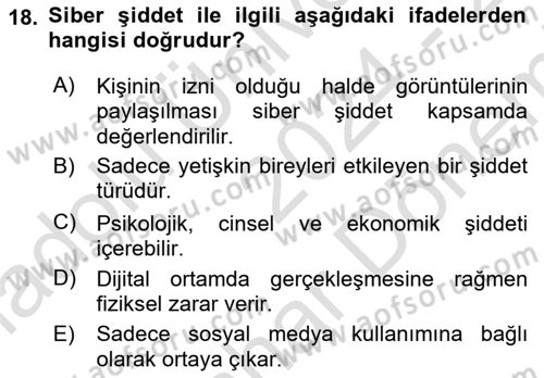 Aile Sağlığı Dersi 2024 - 2025 Yılı (Final) Dönem Sonu Sınav Soruları 18. Soru