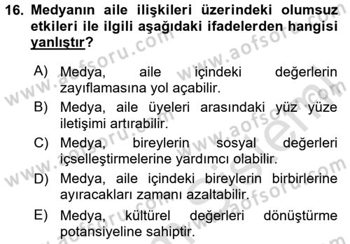 Aile Sağlığı Dersi 2025 - 2026 Yılı (Final) Dönem Sonu Sınav Soruları 16. Soru