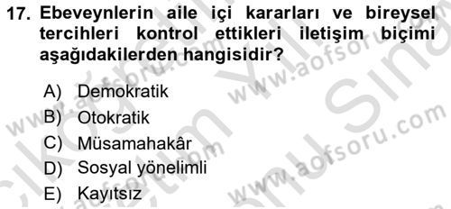 Aile Sağlığı Dersi 2025 - 2026 Yılı (Final) Dönem Sonu Sınav Soruları 17. Soru