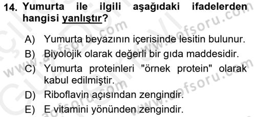 Yiyecek Üretim Temelleri Dersi 2017 - 2018 Yılı (Final) Dönem Sonu Sınavı 14. Soru