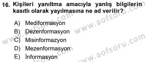 Dijital Ailede Öğrenme Ve Farkındalık Dersi 2024 - 2025 Yılı (Vize) Ara Sınav Soruları 16. Soru