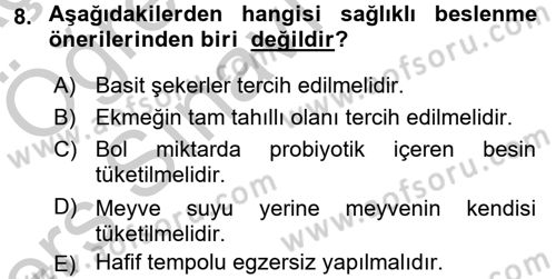 Sağlıklı Yaşam Dersi 2016 - 2017 Yılı 3 Ders Sınav Soruları 8. Soru