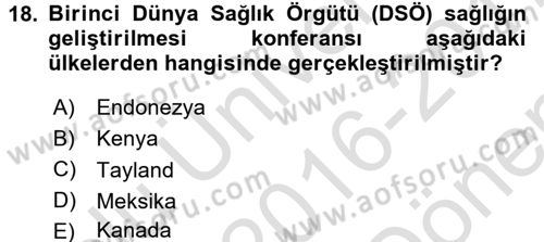 Sağlıklı Yaşam Dersi 2016 - 2017 Yılı (Final) Dönem Sonu Sınav Soruları 18. Soru