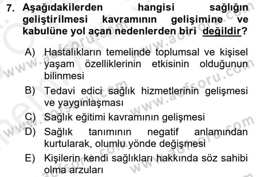 Sağlıklı Yaşam Dersi 2018 - 2019 Yılı (Vize) Ara Sınavı 7. Soru