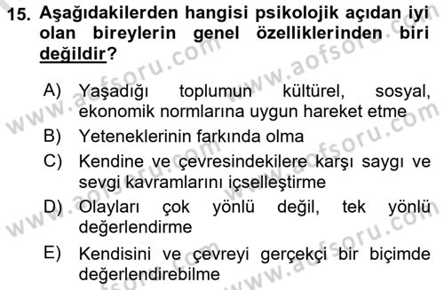 Sağlıklı Yaşam Dersi 2022 - 2023 Yılı Yaz Okulu Sınav Soruları 15. Soru