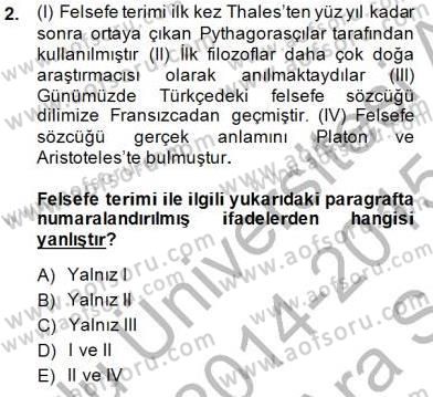İlkçağ Felsefesi Dersi Ara Sınavı Deneme Sınav Soruları 2. Soru