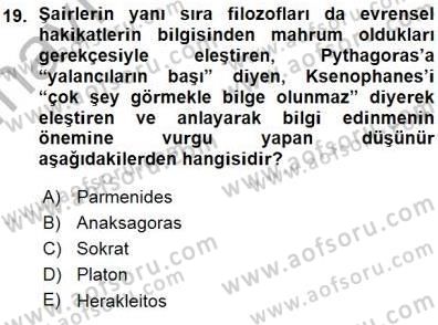 İlkçağ Felsefesi Dersi Ara Sınavı Deneme Sınav Soruları 19. Soru