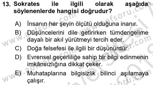 İlkçağ Felsefesi Dersi Ara Sınavı Deneme Sınav Soruları 13. Soru