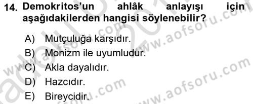 İlkçağ Felsefesi Dersi Ara Sınavı Deneme Sınav Soruları 14. Soru
