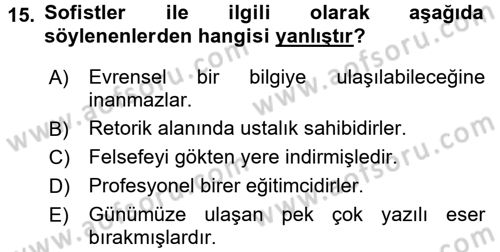 İlkçağ Felsefesi Dersi Ara Sınavı Deneme Sınav Soruları 15. Soru