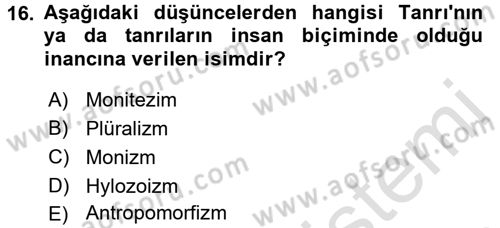 İlkçağ Felsefesi Dersi Ara Sınavı Deneme Sınav Soruları 16. Soru