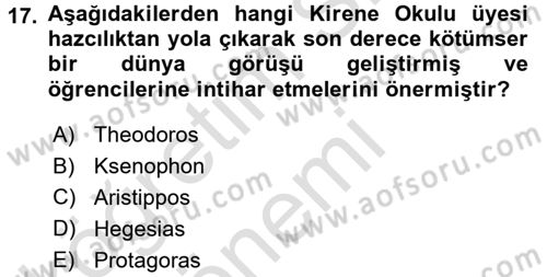 İlkçağ Felsefesi Dersi Ara Sınavı Deneme Sınav Soruları 17. Soru