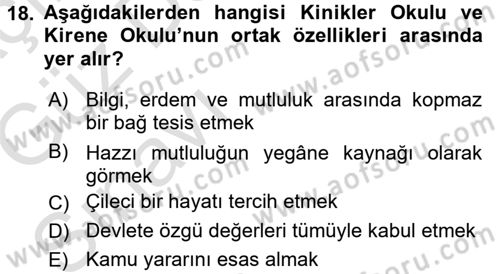 İlkçağ Felsefesi Dersi Ara Sınavı Deneme Sınav Soruları 18. Soru