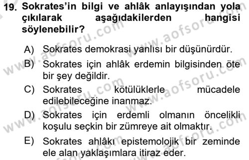 İlkçağ Felsefesi Dersi 2017 - 2018 Yılı (Vize) Ara Sınav Soruları 19. Soru