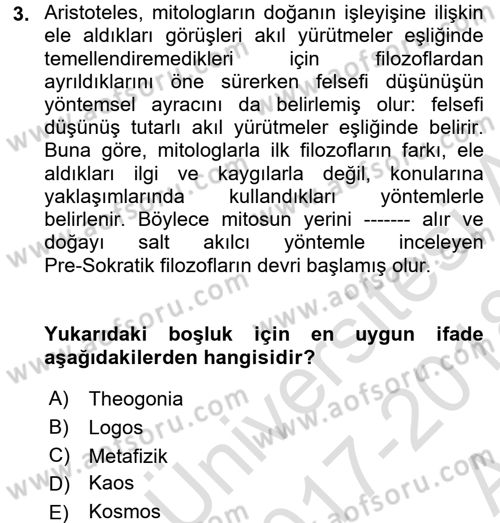 İlkçağ Felsefesi Dersi Ara Sınavı Deneme Sınav Soruları 3. Soru