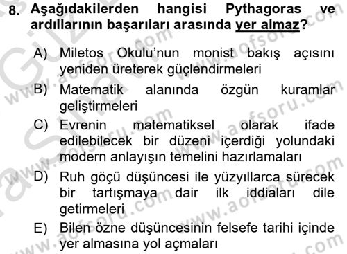 İlkçağ Felsefesi Dersi Ara Sınavı Deneme Sınav Soruları 8. Soru