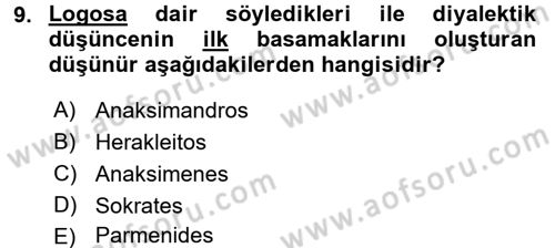 İlkçağ Felsefesi Dersi Ara Sınavı Deneme Sınav Soruları 9. Soru