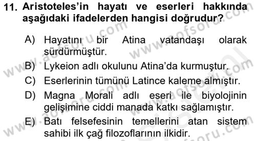 İlkçağ Felsefesi Dersi 2017 - 2018 Yılı (Final) Dönem Sonu Sınav Soruları 11. Soru