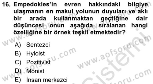 İlkçağ Felsefesi Dersi 2020 - 2021 Yılı Yaz Okulu Sınav Soruları 16. Soru