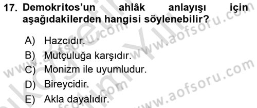 İlkçağ Felsefesi Dersi 2020 - 2021 Yılı Yaz Okulu Sınav Soruları 17. Soru
