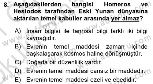 İlkçağ Felsefesi Dersi 2020 - 2021 Yılı Yaz Okulu Sınav Soruları 8. Soru