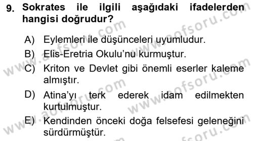 İlkçağ Felsefesi Dersi 2020 - 2021 Yılı Yaz Okulu Sınav Soruları 9. Soru