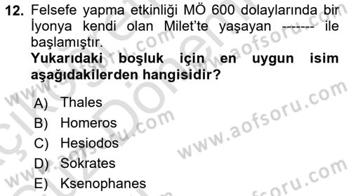 İlkçağ Felsefesi Dersi 2021 - 2022 Yılı (Vize) Ara Sınav Soruları 12. Soru