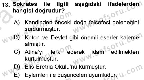 İlkçağ Felsefesi Dersi 2021 - 2022 Yılı (Vize) Ara Sınav Soruları 13. Soru