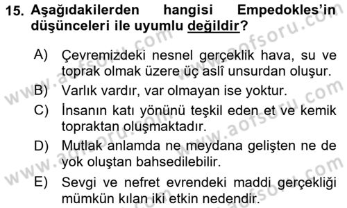 İlkçağ Felsefesi Dersi 2021 - 2022 Yılı (Vize) Ara Sınav Soruları 15. Soru